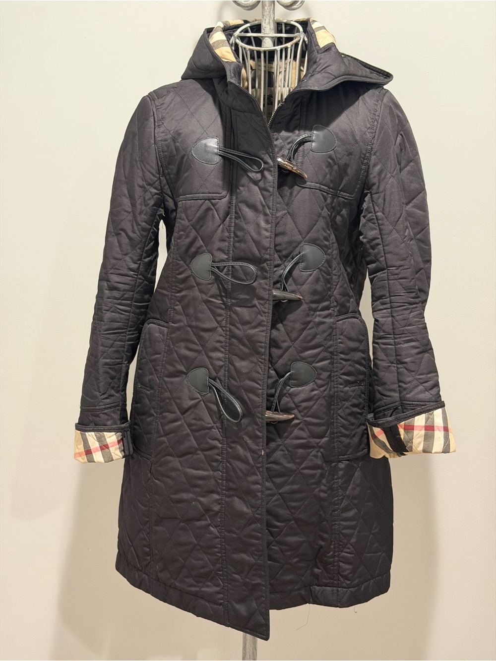 Burberry Black Quilted Toggle Trench Coat with Check Trim